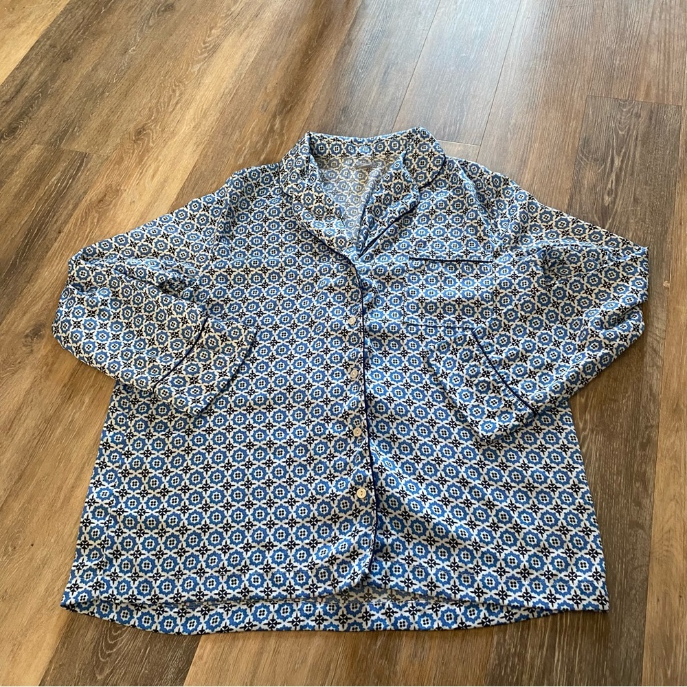 Aerie Pajama Sleep Shirt Womens Sz XL Button Front Blue Long Sleeves Lounge